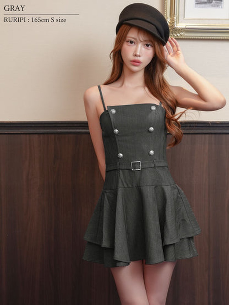 【AngelR】3color 2WAY 襟付き ベアトップ キャミソール メタルボタン バックルベルト レイヤード フレア マイクロミニドレス AR26868