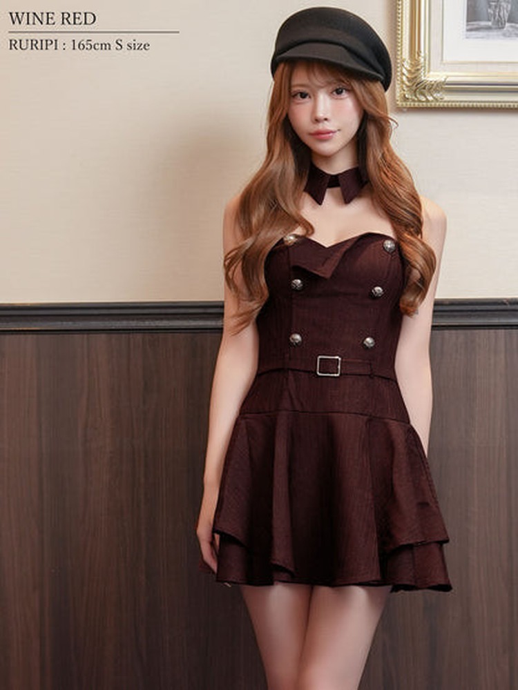 【AngelR】3color 2WAY 襟付き ベアトップ キャミソール メタルボタン バックルベルト レイヤード フレア マイクロミニドレス AR26868