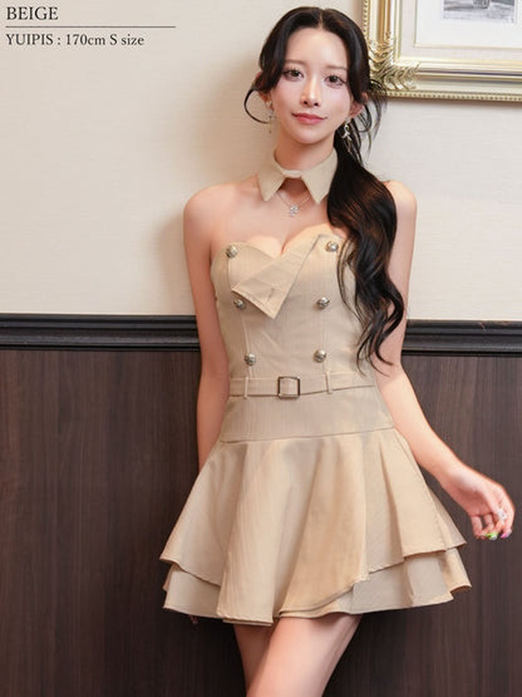 【AngelR】3color 2WAY 襟付き ベアトップ キャミソール メタルボタン バックルベルト レイヤード フレア マイクロミニドレス AR26868