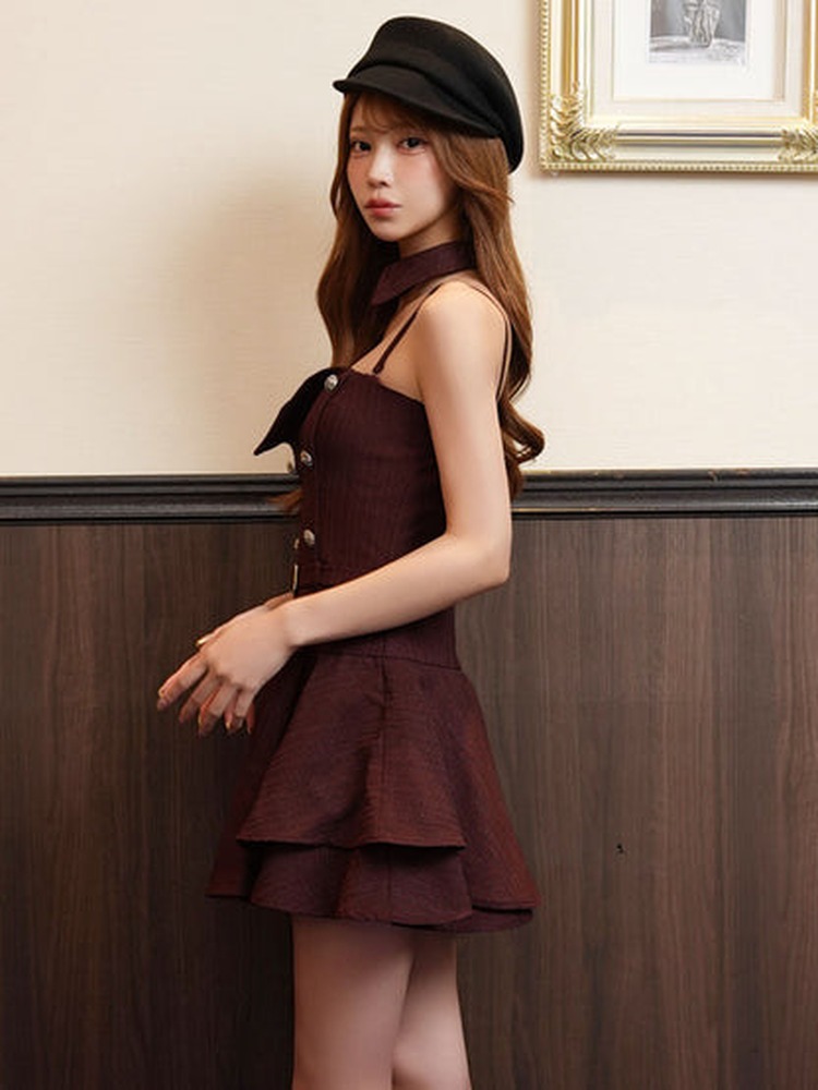 【AngelR】3color 2WAY 襟付き ベアトップ キャミソール メタルボタン バックルベルト レイヤード フレア マイクロミニドレス AR26868