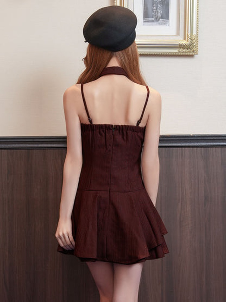 【AngelR】3color 2WAY 襟付き ベアトップ キャミソール メタルボタン バックルベルト レイヤード フレア マイクロミニドレス AR26868