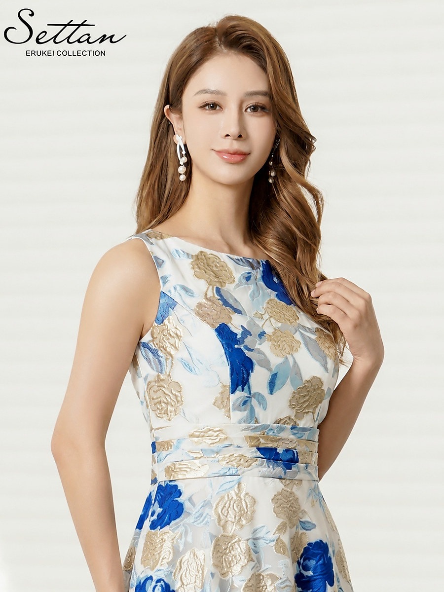 [SETTAN] 2color フラワージャガード 金糸 ノースリーブ ラウンドネック ハイウエスト Aライン ロングドレス ゴールド グレー ブルー 結婚式 披露宴 2次会 演奏会 発表会 パーティー 撮影 衣装 ナイトドレス キャバクラ ナイトワーク 大きいサイズ ERUKEI エルケイ S37508