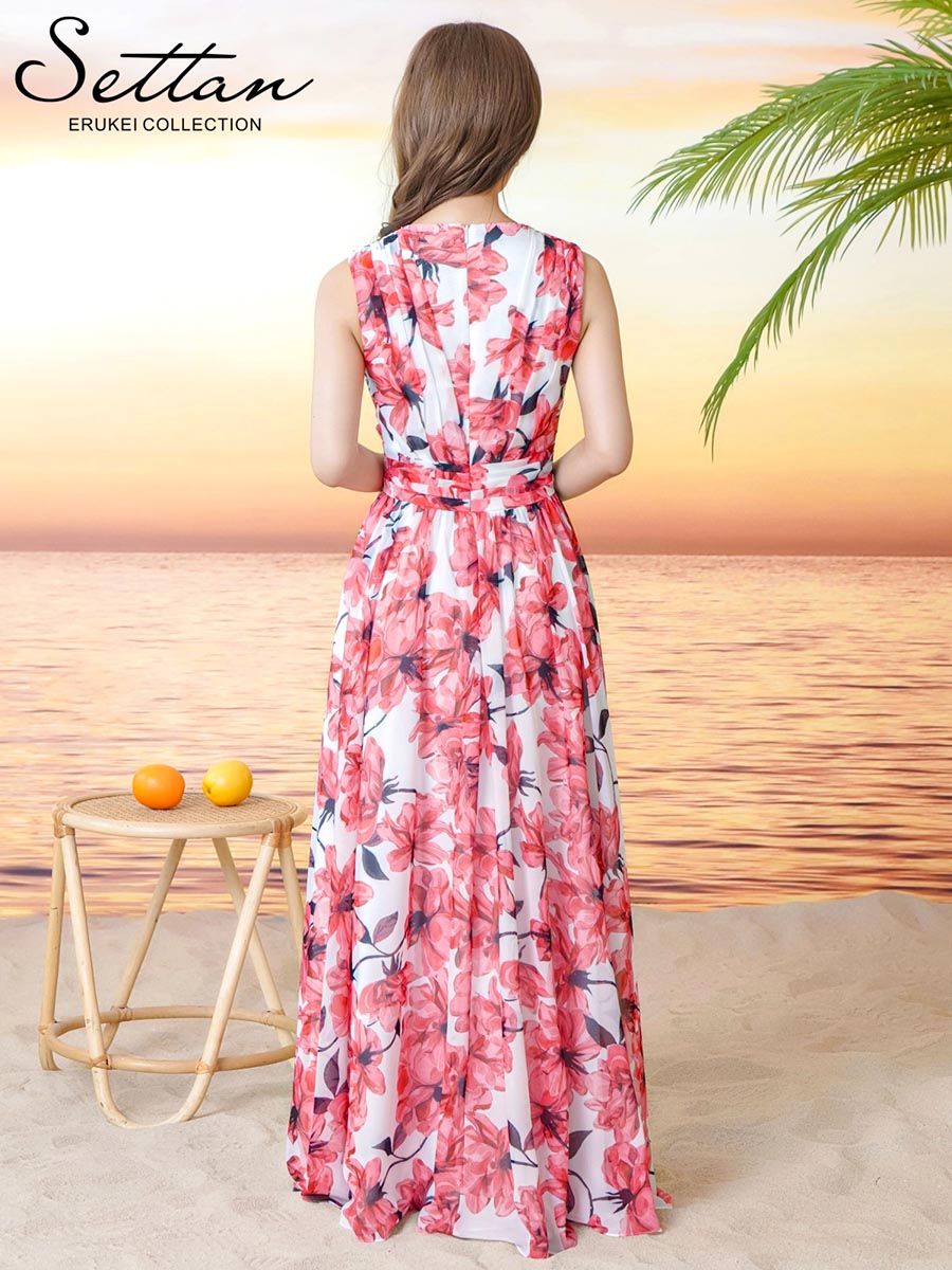 【SETTAN/ERUKEI】キャバドレス 6 L 花柄 ピンク ノースリーブ SETTAN] シフォン 花柄 プリント Vネック ノースリーブ Aライン フレア