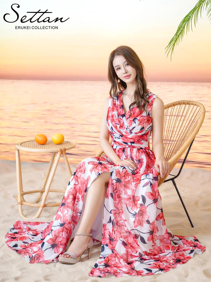 SETTAN] シフォン 花柄 プリント Vネック ノースリーブ Aライン フレア