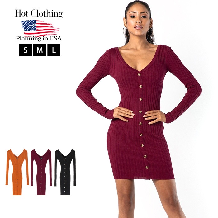 Hera Collection オフショルダー リブニット ワンピース ボタンダウン 長袖 ミニ丈 ひざ丈 シンプル 無地 タイトワンピース リブワンピース ニットワンピース