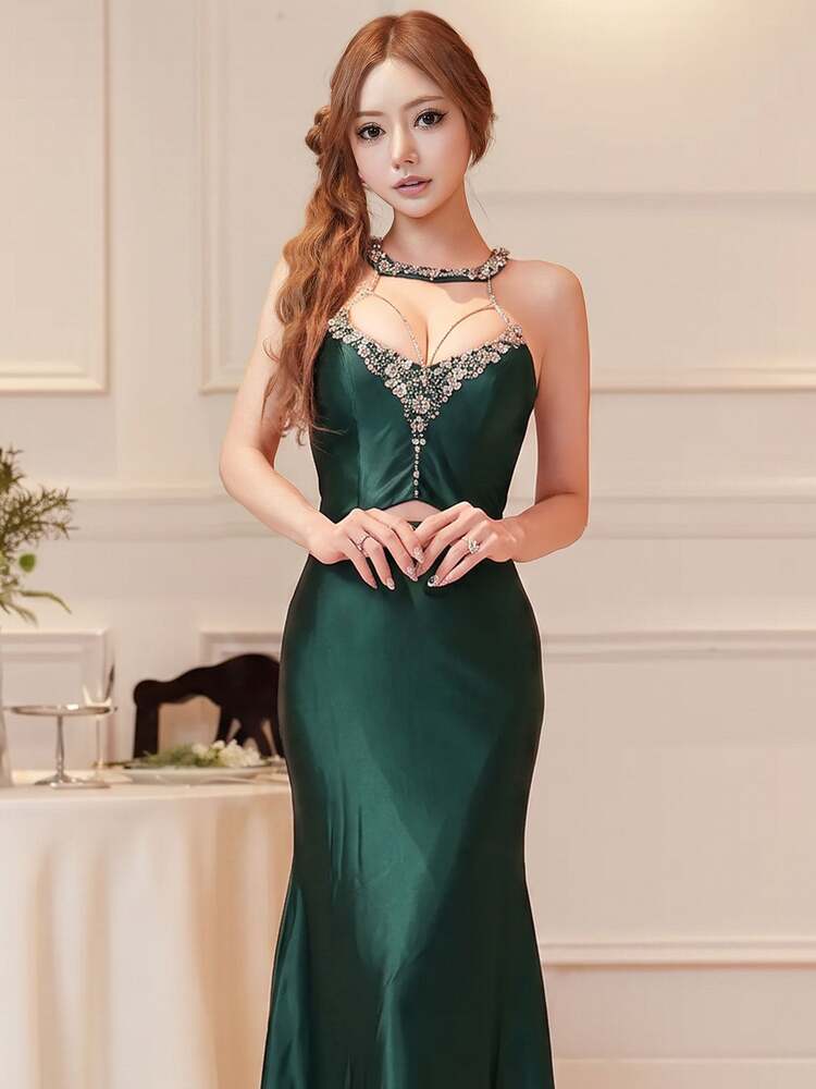[AngelR] 4color ビーズ シアーメッシュ カットアウト タイト ロングドレス キャバドレス AR26874