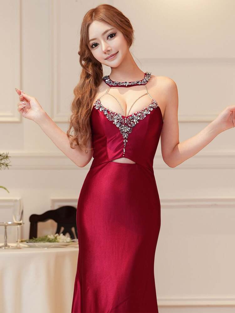 [AngelR] 4color ビーズ シアーメッシュ カットアウト タイト ロングドレス キャバドレス AR26874