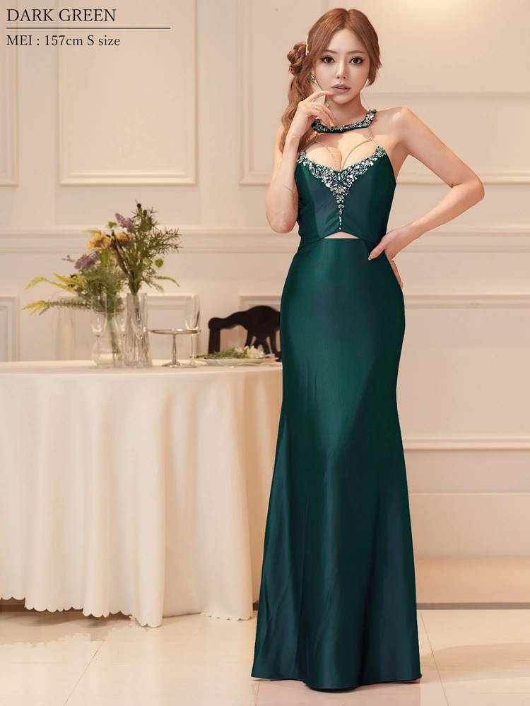 [AngelR] 4color ビーズ シアーメッシュ カットアウト タイト ロングドレス キャバドレス AR26874