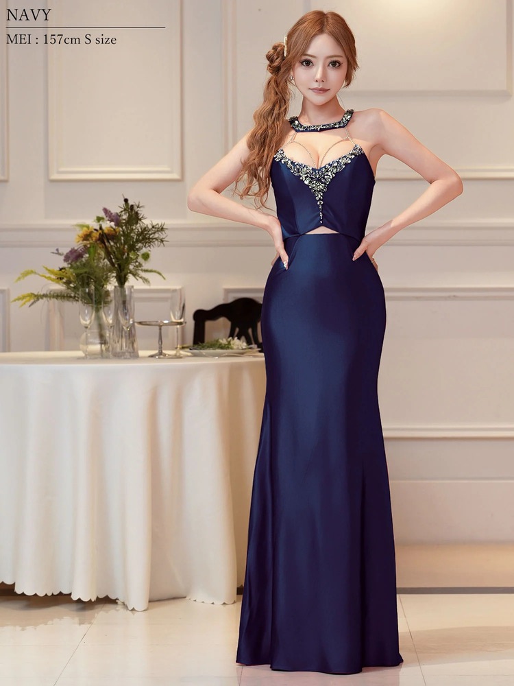 [AngelR] 4color ビーズ シアーメッシュ カットアウト タイト ロングドレス キャバドレス AR26874