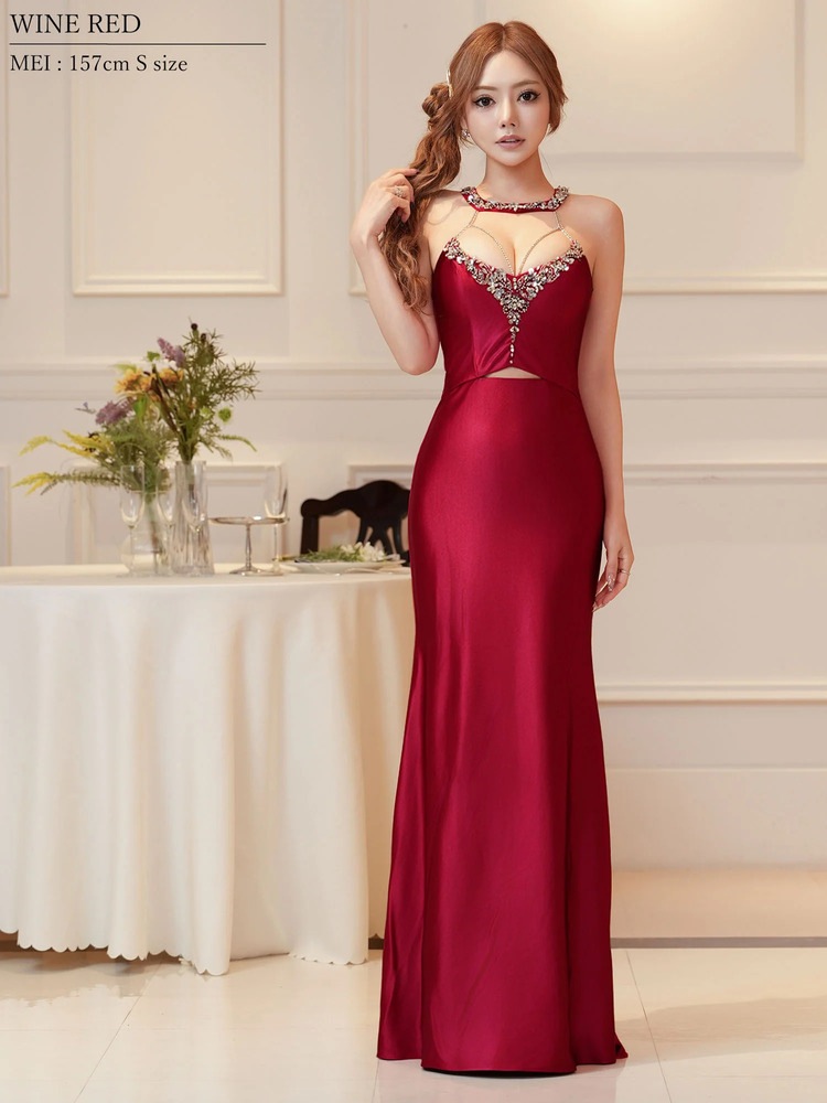 [AngelR] 4color ビーズ シアーメッシュ カットアウト タイト ロングドレス キャバドレス AR26874