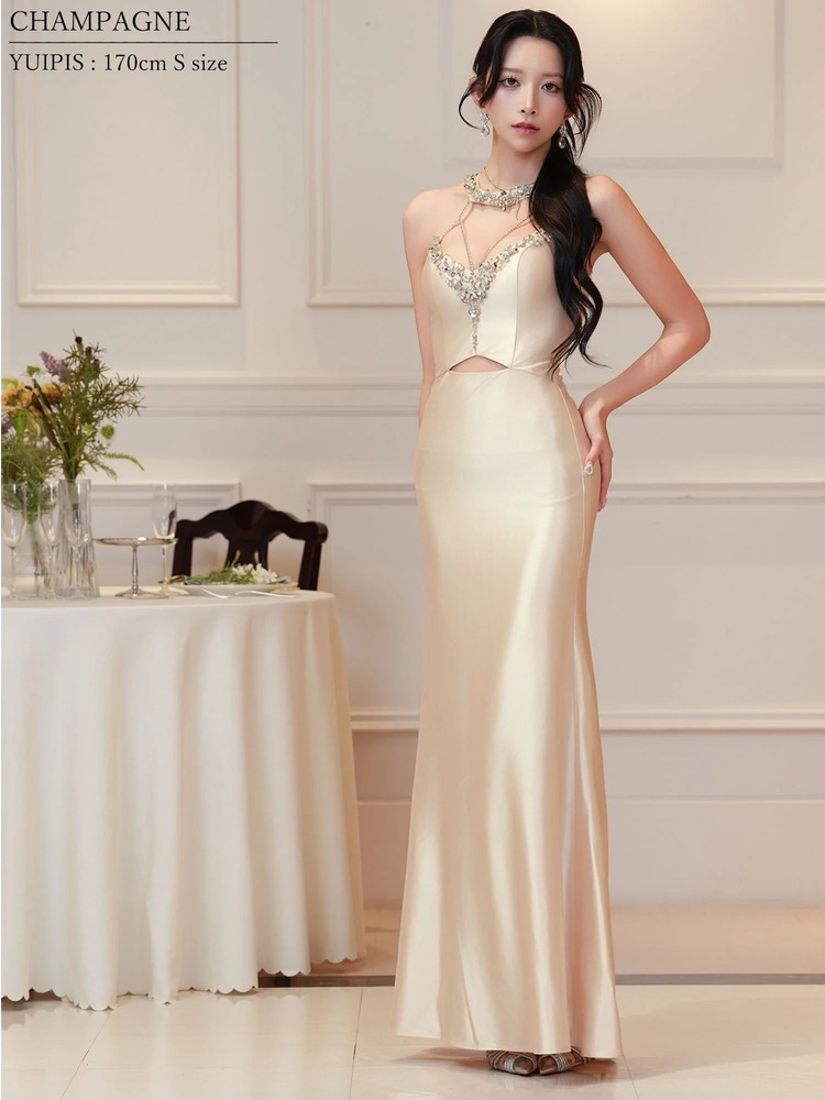 [AngelR] 4color ビーズ シアーメッシュ カットアウト タイト ロングドレス キャバドレス AR26874