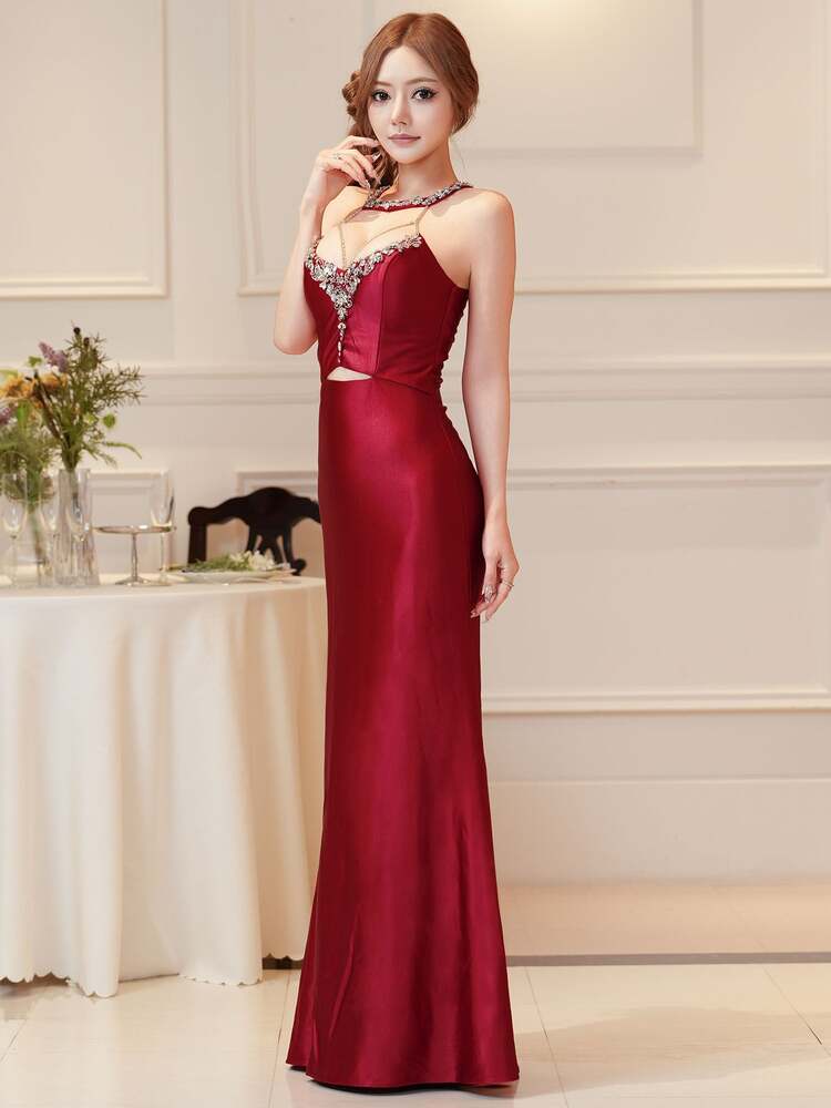 [AngelR] 4color ビーズ シアーメッシュ カットアウト タイト ロングドレス キャバドレス AR26874