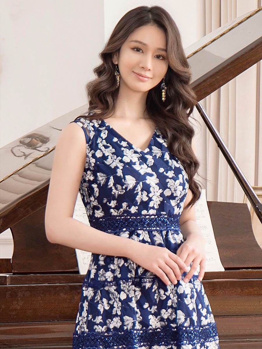 [SETTAN] フラワーチーフ 総レース Aライン ノースリーブ Vネック ミディアムドレス ワンピース ネイビー パーティ 結婚式 披露宴 女子会 お食事会 会食 2次会 発表会 演奏会 撮影 衣装 イベント クラブ キャバクラ ナイトドレス ビジネス 雪丹 エルケイ ERUKEI LK S2672