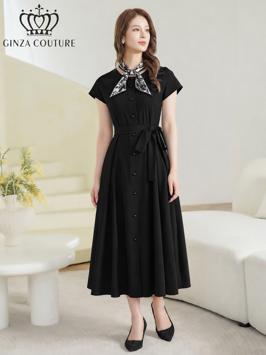 [GINZA COUTURE] スカーフ 前ボタン リボンベルト フレンチスリーブ Aライン ミディアムワンピース お食事会 結婚式 ビジネス G3144