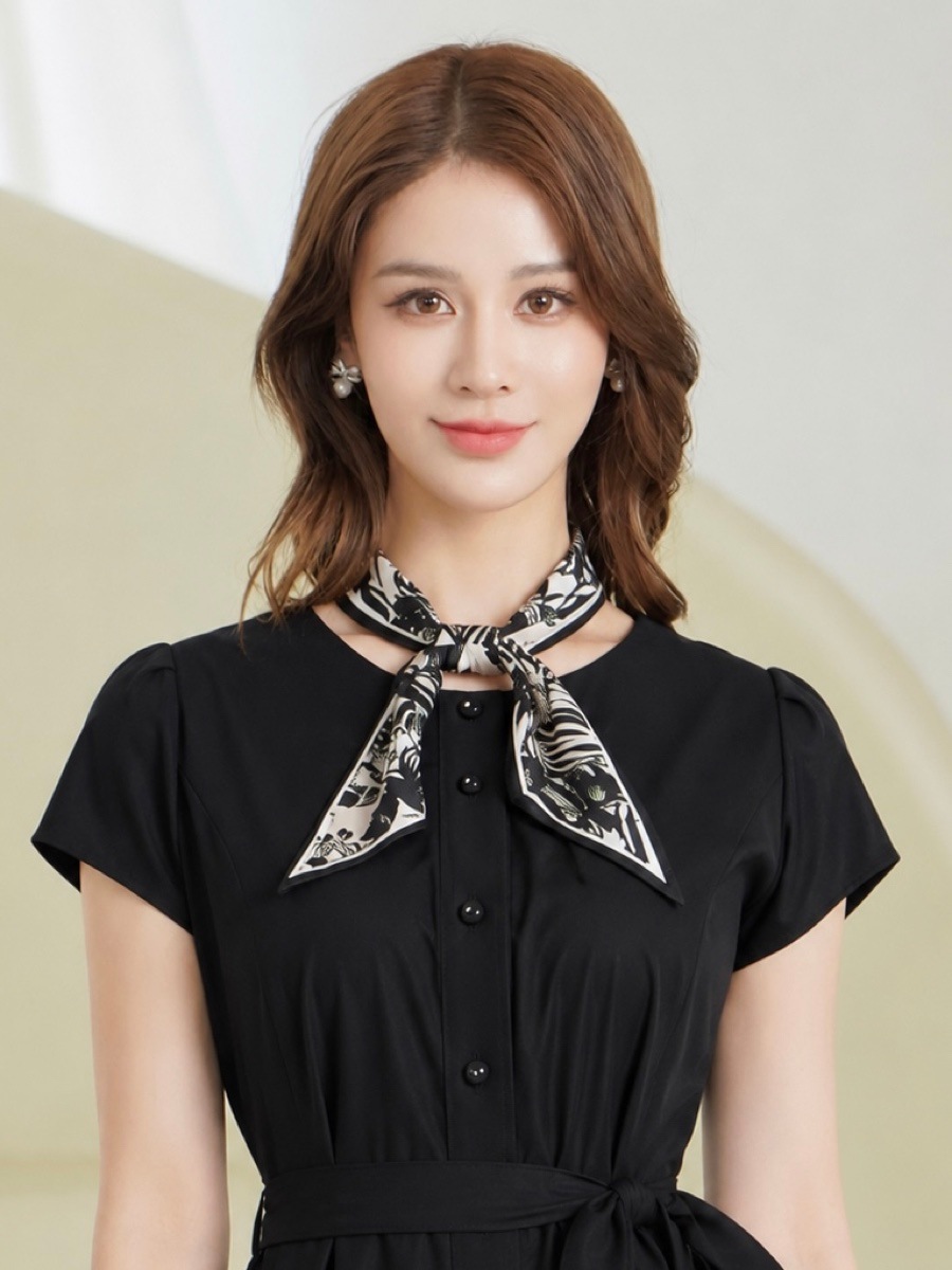 [GINZA COUTURE] スカーフ 前ボタン リボンベルト フレンチスリーブ Aライン ミディアムワンピース お食事会 結婚式 ビジネス G3144