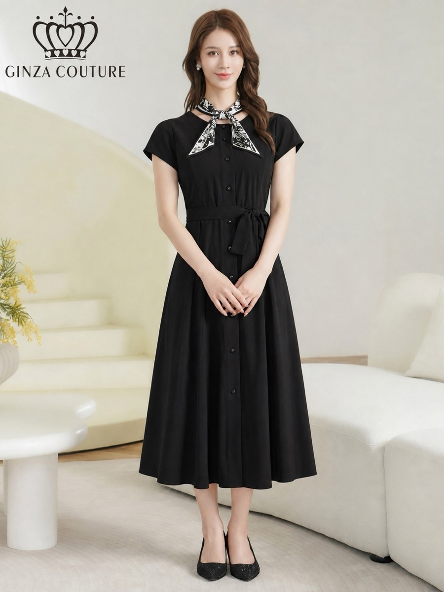 [GINZA COUTURE] スカーフ 前ボタン リボンベルト フレンチスリーブ Aライン ミディアムワンピース お食事会 結婚式 ビジネス G3144