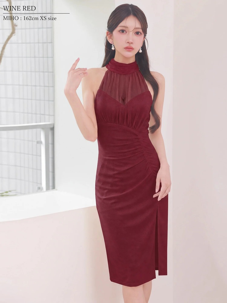【Veautt】4color シアーホルターネック タック ギャザー スリット タイト ミディアムドレス VT082620