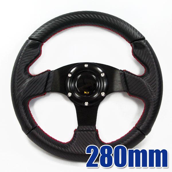 K&M 280φ/280mm/28cm カーボン調ステアリングハンドル ブラックスポーク QTS-280/|内装パーツ|車用品