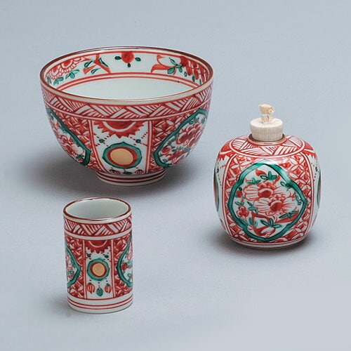 茶道具 茶箱】 茶箱用三点セット(茶碗・振出・茶巾筒) 赤絵 高野昭阿弥