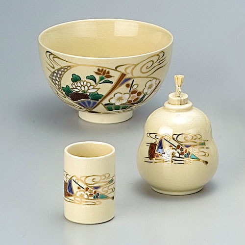 茶道具 茶箱用3点セット★抹茶茶碗 振出 茶巾筒／渋草焼 渋草柳三 野立碗 茶道具 茶箱用3点セット☆抹茶茶碗 振出 茶巾筒／渋草焼 渋