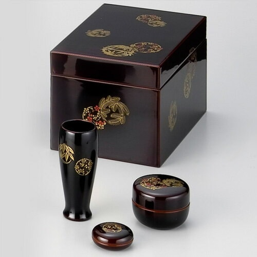茶道具 茶箱】 茶箱セット 溜真塗 花丸 (棗・香合・茶筅筒付き
