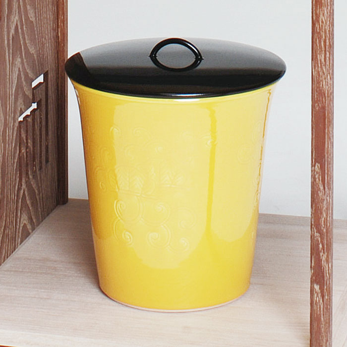 Ｔ９８５　水指　『青竹絵』『妙見窯 造』　共箱　茶道具 茶道具 美濃焼 昌山窯 松原亨作 黄交趾 竹絵水指 共箱 M 3953 【公式通販】