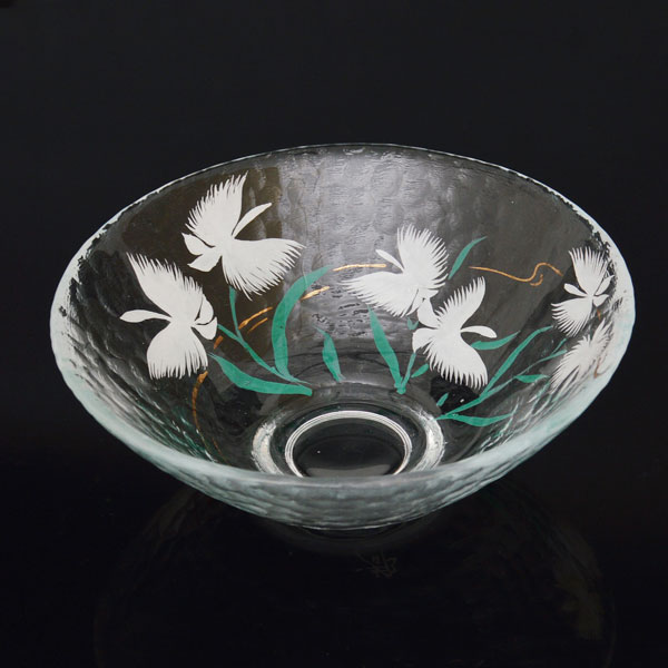 丸卓 華道 茶道具 茶道具 ガラス平茶碗 金線鷺草(耐熱) 今岡都 作 化粧箱入り | 令和7年