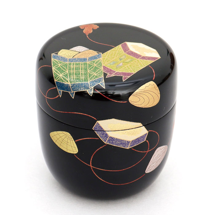 B528b 香合 夏目有彦作 共箱 笹竜胆図 木地漆塗 青貝 茶道具 B528b