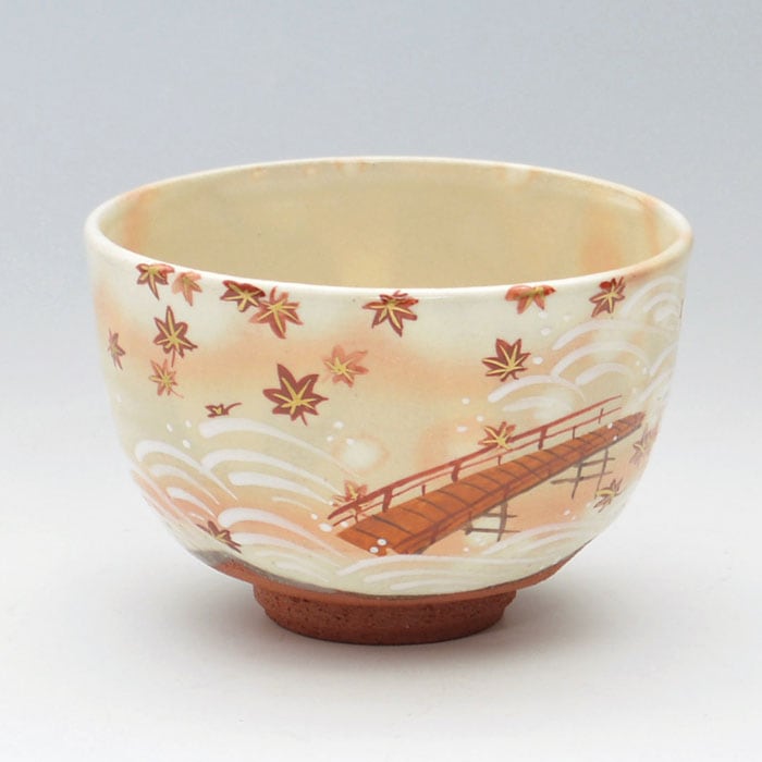 茶碗 色絵 橋に紅葉 加藤永山 作 化粧箱入り