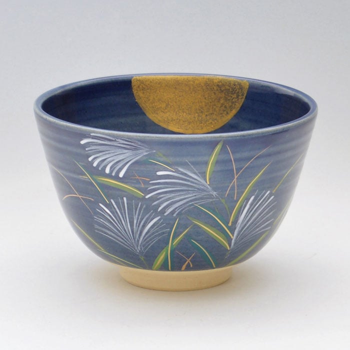 茶碗 紺釉 月に芒 東山深山 作 化粧箱入り