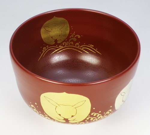 茶道具 抹茶碗】 茶碗 仁清朱地金襴 波に玉兎絵 中村秋峰作 | すべての