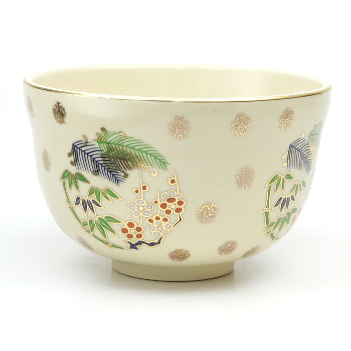 宮地英香 青釉 松竹梅 金彩 色絵 茶碗 紙箱 茶道具 茶道具 抹茶碗】 茶碗 仁清写し 松竹梅 宮地英香作 | 常用茶碗