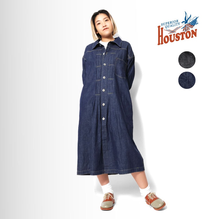 HOUSTON woman / ヒューストン ウーマン 23HL051 DENIM 1st DRESS /  デニム ファーストドレス -全2色-  デニムジャケット Aライン 体型カバー ゆったり ヴィンテージ  アメカジ カジュアル [23HL051]