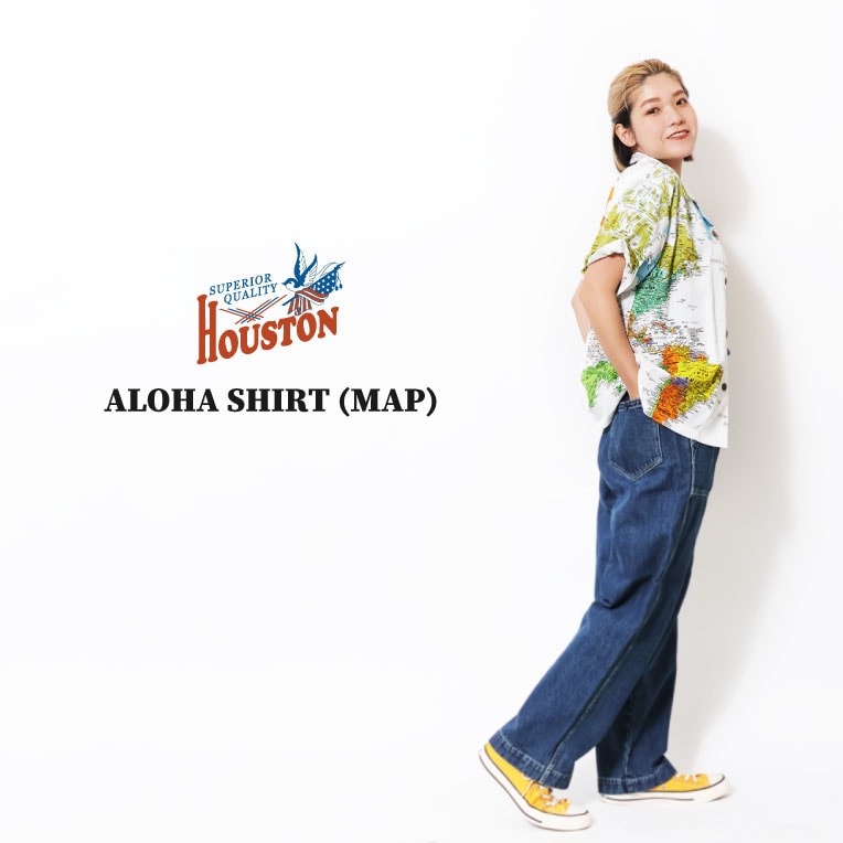 HOUSTON woman / ヒューストン ウーマン 24HL053 ALOHA SHIRT (MAP) / アロハシャツ (マップ) -全3色- レディース 世界地図 ハワイアンシャツ 開襟シャツ 半袖シャツ ココナッツボタン カラフル ヴィンテージ [24HL053]