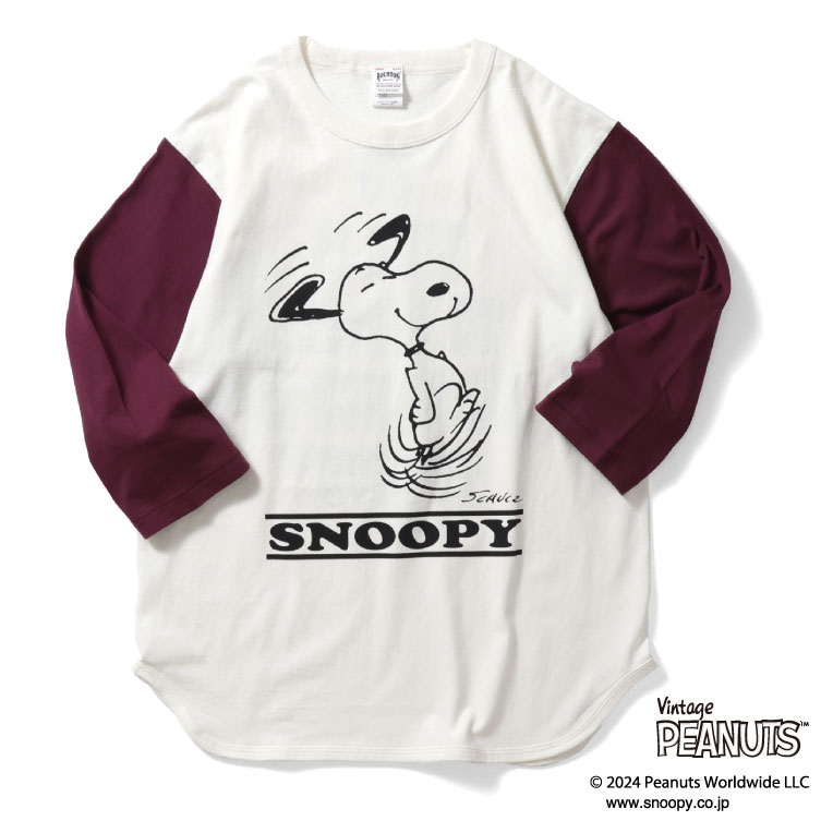 HOUSTON / ヒューストン 22185 PEANUTS BASEBALL TEE (SNOOPY) / ベースボールTシャツ (スヌーピー) -全3色- メンズ レディース 七分袖 ピーナッツ レトロ コラボ 大きいサイズ バイカラー 丸胴[22185]