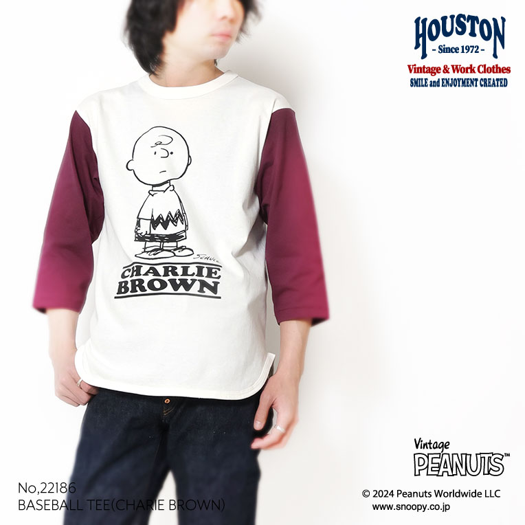 HOUSTON / ヒューストン 22186 PEANUTS BASEBALL TEE (CHARIE BROWN) / ベースボールTシャツ (チャーリーブラウン) -全3色- メンズ レディース 七分袖 ピーナッツ レトロ コラボ 大きいサイズ バイカラー 丸胴[22186]
