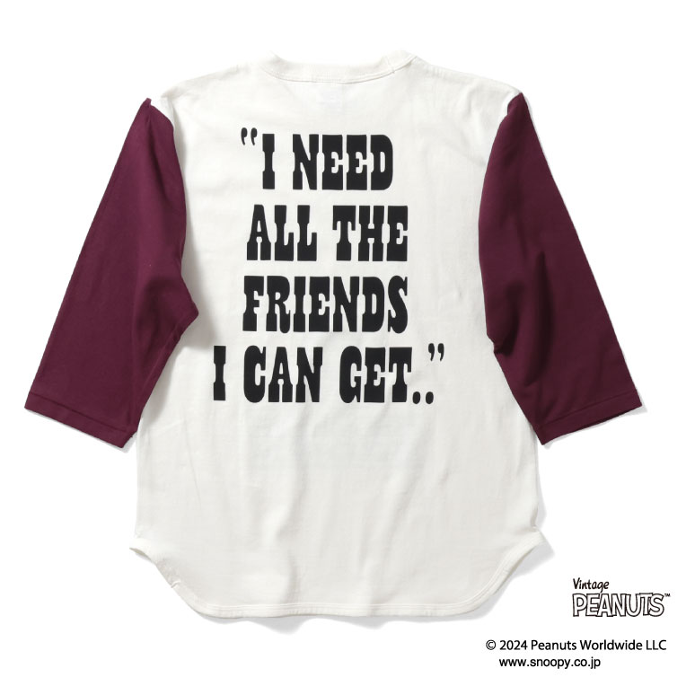 HOUSTON / ヒューストン 22186 PEANUTS BASEBALL TEE (CHARIE BROWN) / ベースボールTシャツ (チャーリーブラウン) -全3色- メンズ レディース 七分袖 ピーナッツ レトロ コラボ 大きいサイズ バイカラー 丸胴[22186]