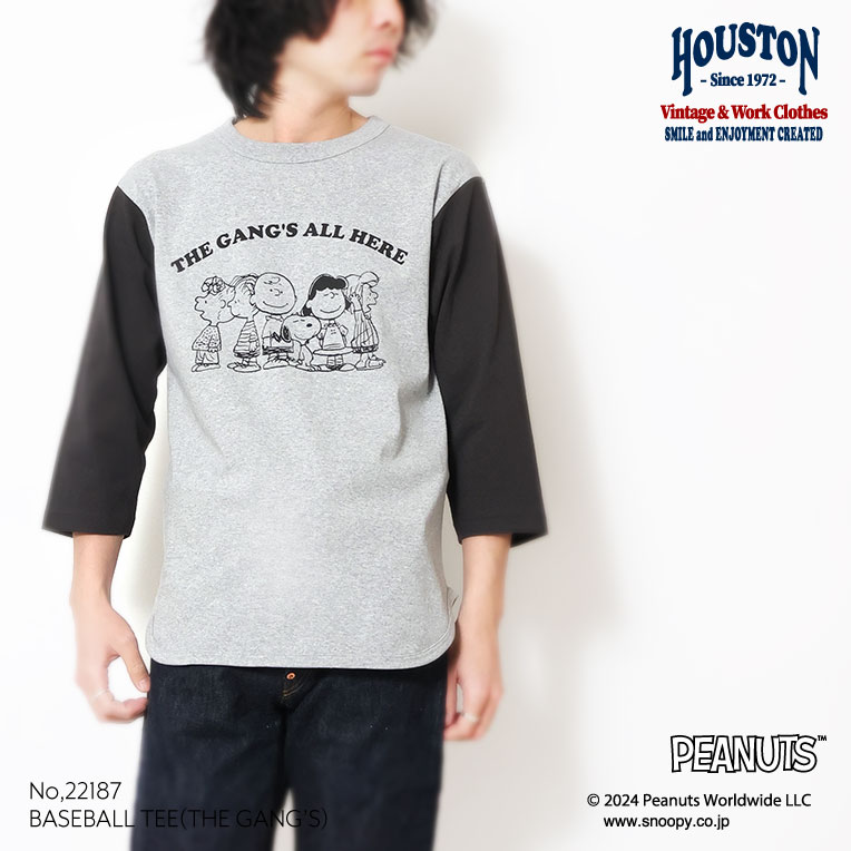 HOUSTON / ヒューストン 22187 PEANUTS BASEBALL TEE (THE GANG'S) / ベースボールTシャツ -全3色- メンズ レディース 七分袖 ピーナッツ スヌーピー レトロ コラボ 大きいサイズ バイカラー 丸胴[22187]