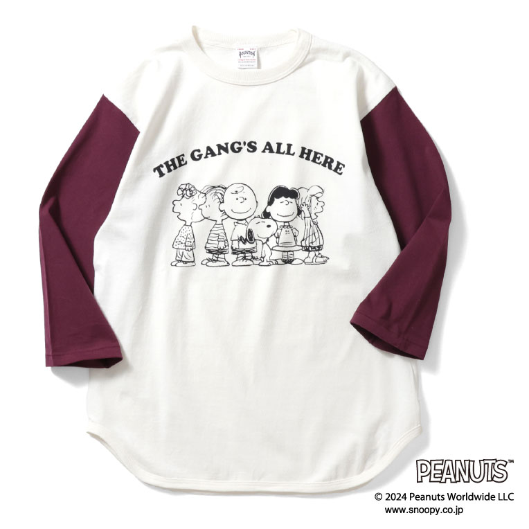 HOUSTON / ヒューストン 22187 PEANUTS BASEBALL TEE (THE GANG'S) / ベースボールTシャツ -全3色- メンズ レディース 七分袖 ピーナッツ スヌーピー レトロ コラボ 大きいサイズ バイカラー 丸胴[22187]