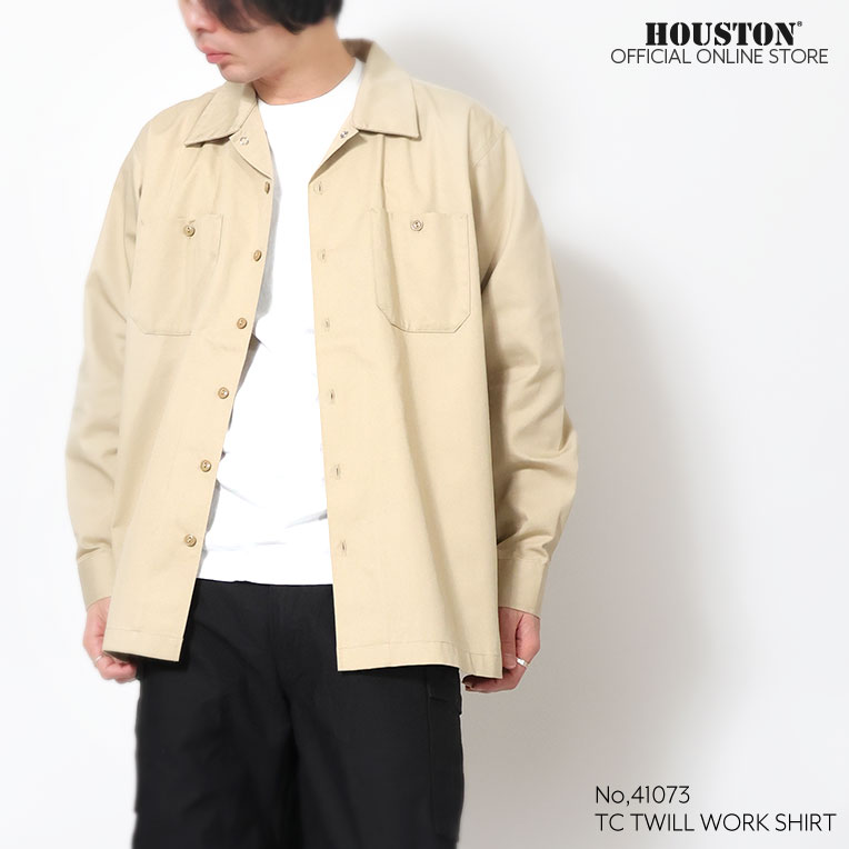 HOUSTON  / ヒューストン 41073 TC TWILL WORK SHIRT / TCツイルワークシャツ -全4色- メンズ 長袖シャツ 開襟シャツ ミリタリー カジュアル 無地 アメカジ ヴィンテージ [41073]