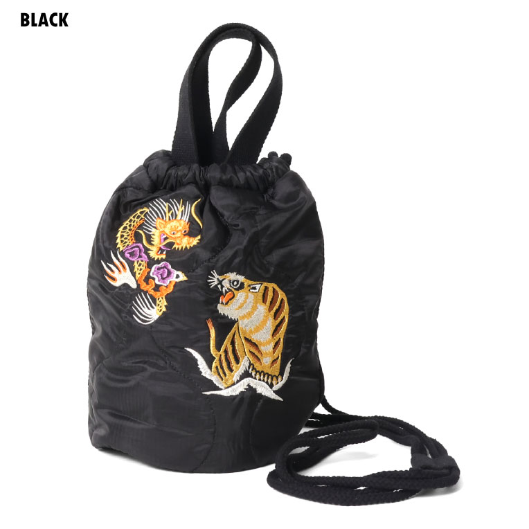 HOUSTON / ヒューストン 6845 EMB QUILTING EFECT BAG (JAPAN) / 刺繍キルティングエフェクトバッグ(日本) -全2色- メンズ レディース 男女兼用 手提げ袋 ショルダーバッグ ロゴ 肩掛けバッグ 巾着 2WAY MILITARY ミリタリー スカジャン [6845]