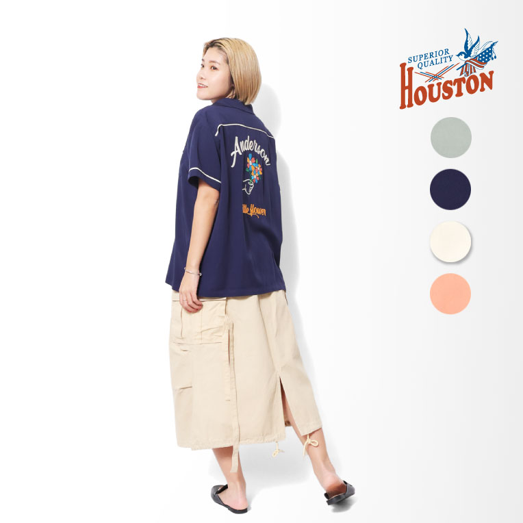 HOUSTON woman / ヒューストン ウーマン 24HL009 BOWLING SHIRT / ボーリングシャツ -全4色- ビンテージ アウトドア 半袖シャツ ポケット アメカジ レディース 大きめ オーバーサイズ MILITARY ミリタリー [24HL009]