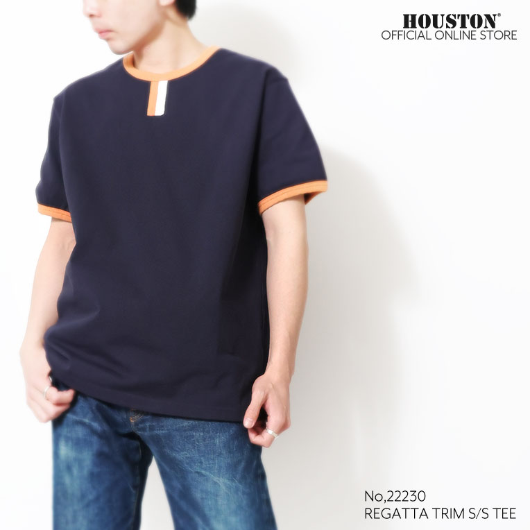HOUSTON  / ヒューストン 22230 REGATTA TRIM S/S TEE / レガッタトリム半袖Tシャツ -全3色- メンズ シンプル ミリタリー 大きいサイズ バインダーネック アメカジ ヴィンテージ リブ [22230]