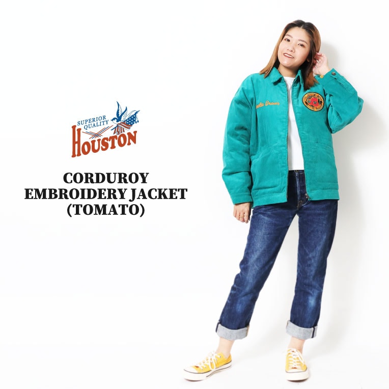 HOUSTON woman / ヒューストン ウーマン 5007W CORDUROY EMBROIDERY JACKET (TOMATO) / コーデュロイ刺?ジャケット -全3色- レディース 大きめ オーバーサイズ ファーマーズジャケット  ワイドシルエットミリタリー アメカジ ヴィンテージ [5007W]