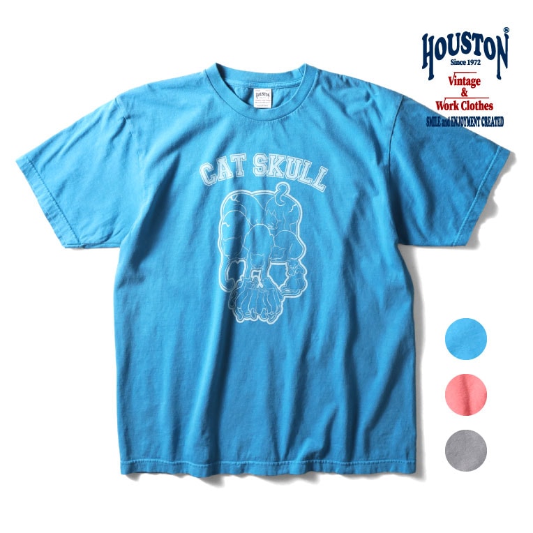 HOUSTON / ヒューストン 22310 PIGMENT PRINT TEE(CAT SKULL) / ピグメントプリント半袖Tシャツ -全3色-