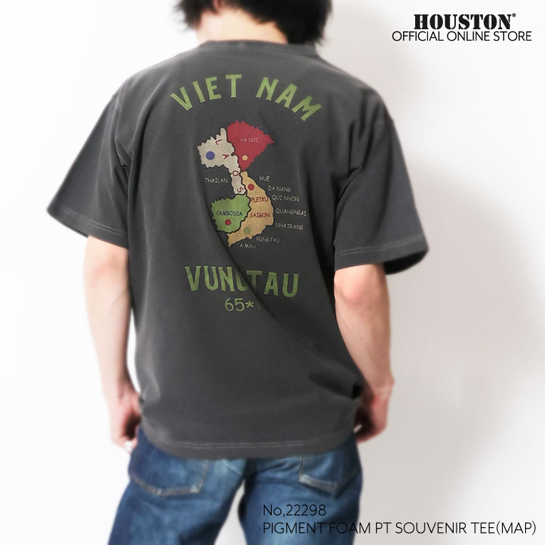 HOUSTON  / ヒューストン 22298 PIGMENT FOAM PT SOUVENIR TEE(MAP) / ピグメント発泡プリント刺繍半袖Tシャツ -全4色-