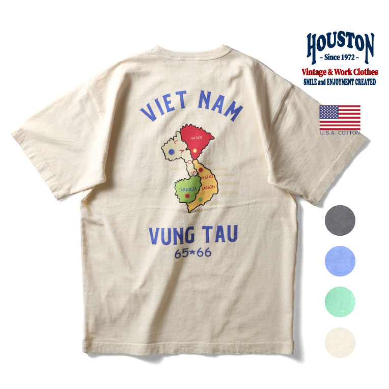HOUSTON  / ヒューストン 22298 PIGMENT FOAM PT SOUVENIR TEE(MAP) / ピグメント発泡プリント刺繍半袖Tシャツ -全4色-