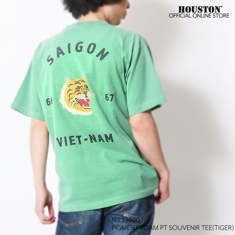 HOUSTON  / ヒューストン 22300 PIGMENT CRACKED PT SOUVENIR TEE(TIGER) / ピグメントクラックプリント刺繍半袖Tシャツ -全4色- 