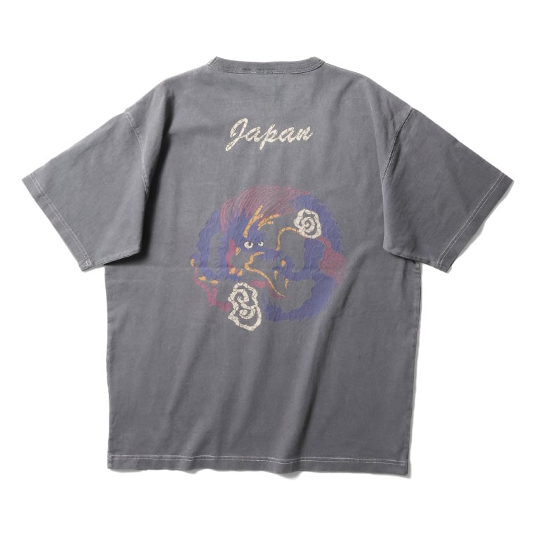 HOUSTON  / ヒューストン 22301 PIGMENT CRACKED PT SOUVENIR TEE(DRAGON) / ピグメントクラックプリント刺繍半袖Tシャツ -全4色- 