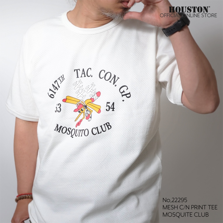 HOUSTON  / ヒューストン 22295 MESH C/N PRINT TEE (MOSQUITE CLUB) / メッシュ クルーネック プリント Tシャツ (モスキートクラブ) -全3色-